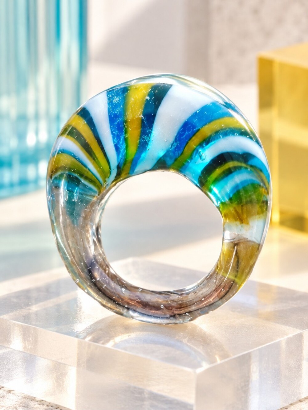 Y2K Chunky Art Glass Ring Blue Yellow Swirl Statement Size 8.5